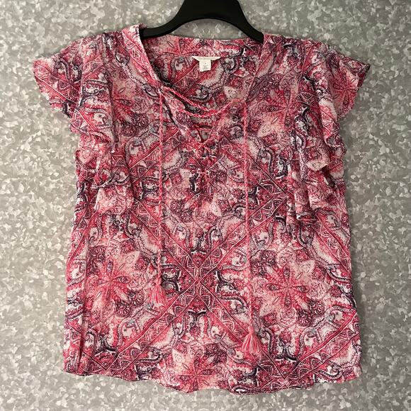 Caslon Pink Tapestry Print Boho Peasant Blouse - Size Small - Flutter Sleeve Top - Picture 1 of 6